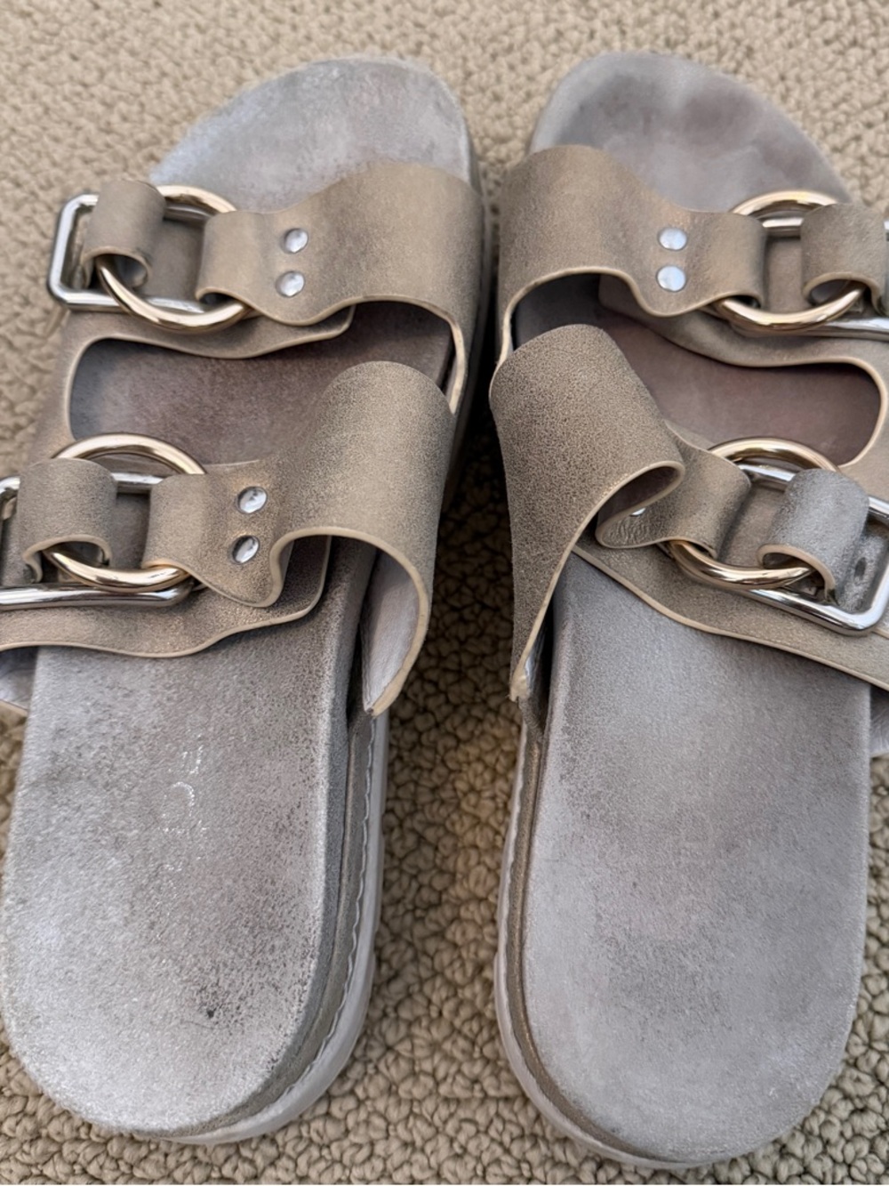 J/SLIDES Baha Platfoem Metallic Taupe Double-Buckle Slide Sandals
